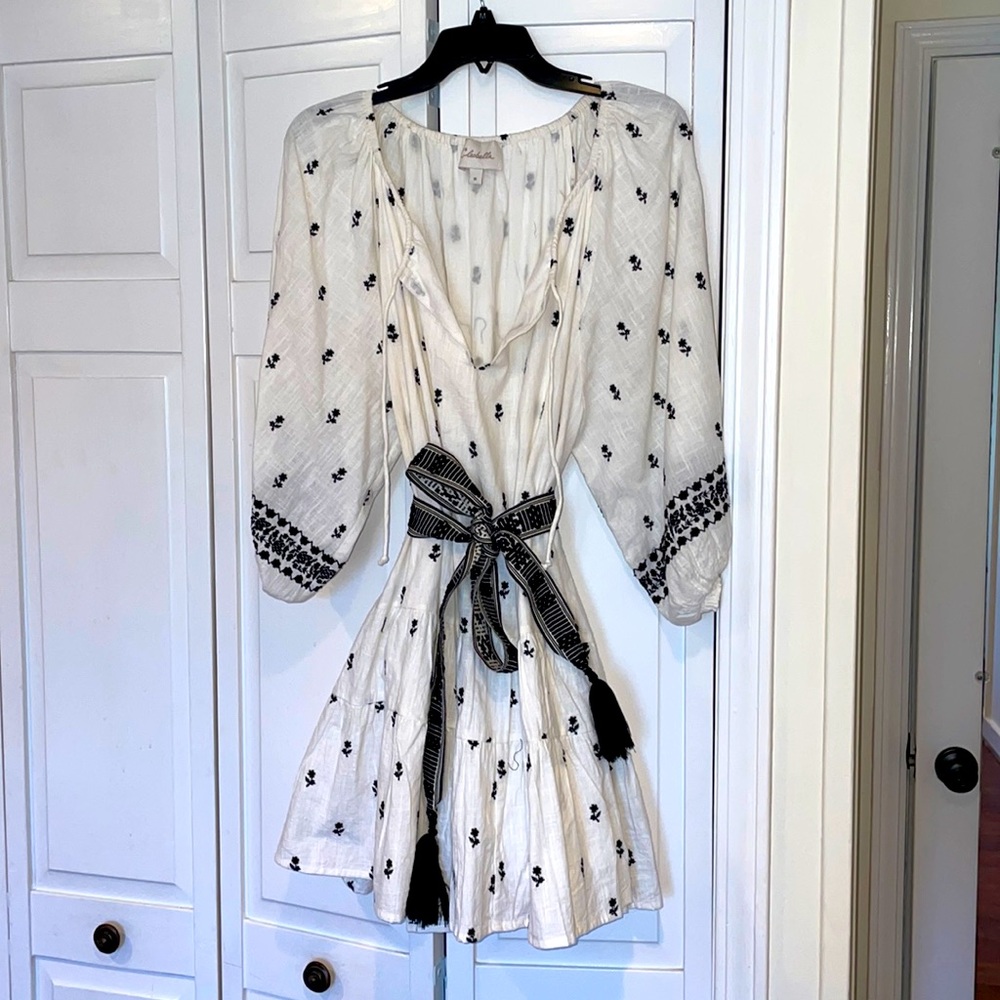 Cleobella White Mini Dress with Black Embroidery Sz M, 100% Cotton